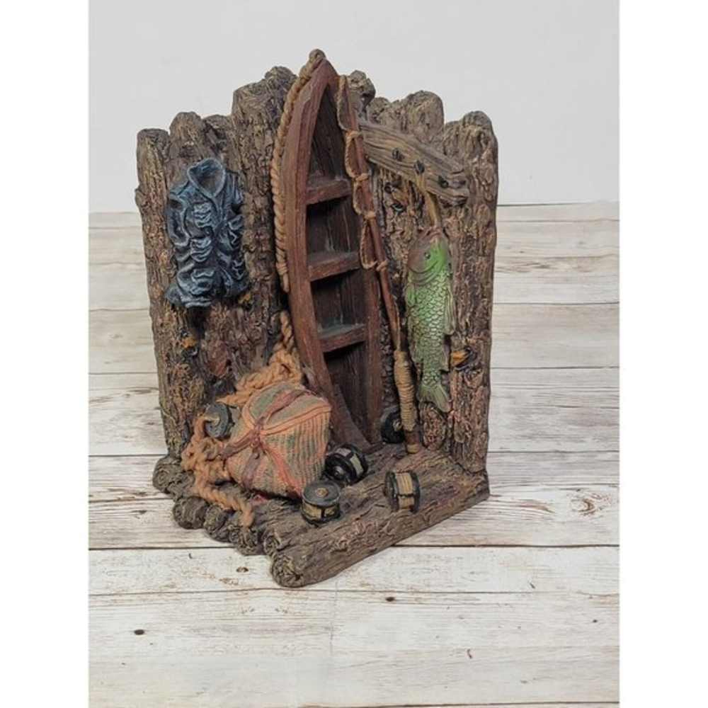 1‎ Vintage Fishing Themed Scene Decorative Bookend 6" x 4" Resin Fishermen Boat